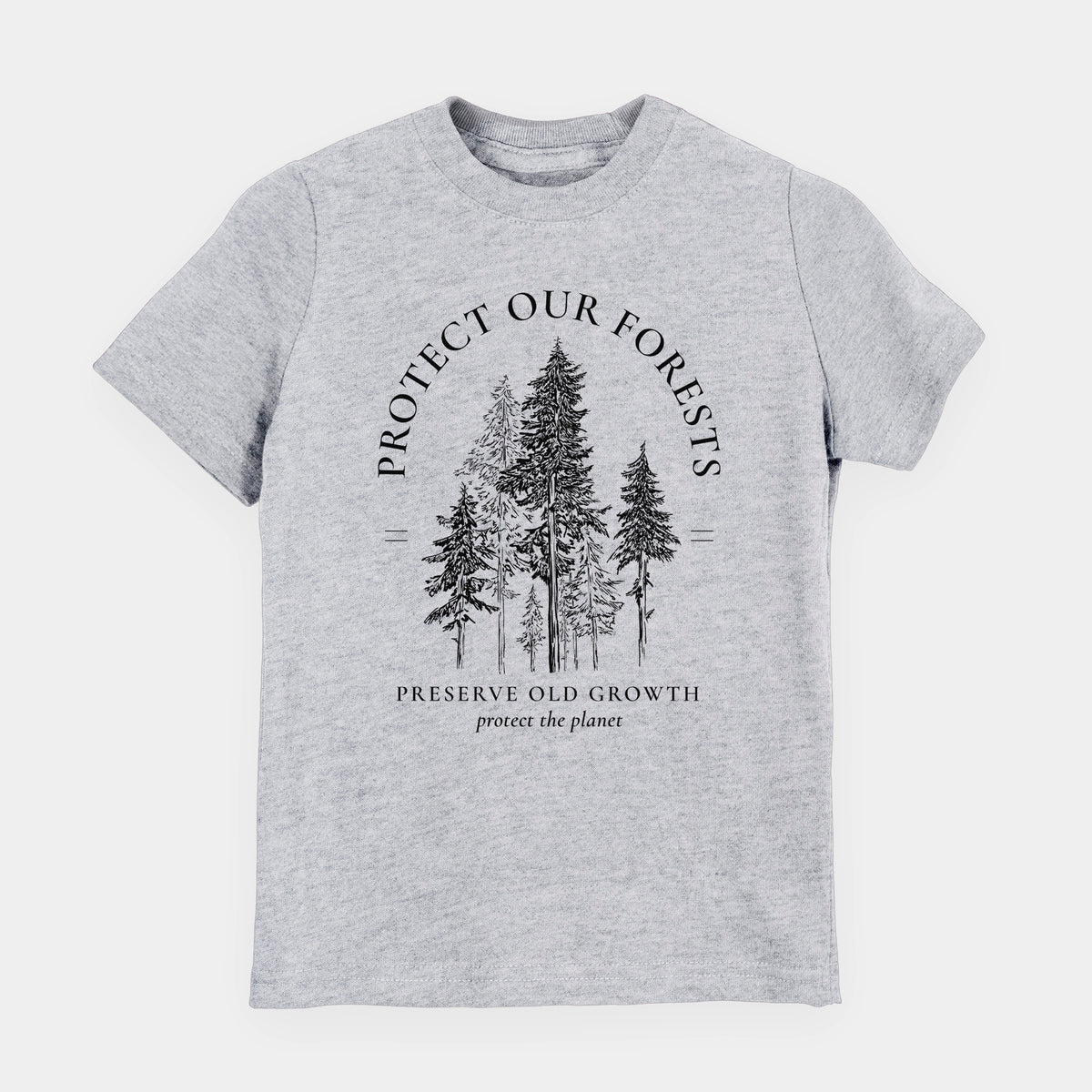 Heather grey youth t-shirt laid flat, printed with a black ink illustration of a stand of tall pine trees, framed by the words Protect Our Forests, Preserve Old Growth.