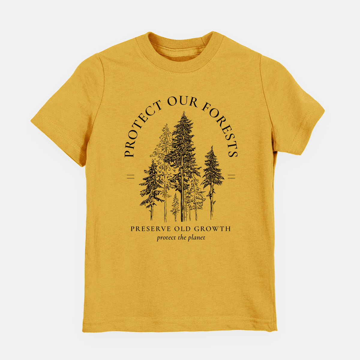 Honeycomb yellow youth t-shirt laid flat, printed with a black ink illustration of a stand of tall pine trees, framed by the words Protect Our Forests, Preserve Old Growth.