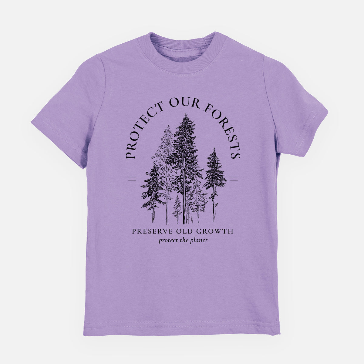 Lavender youth t-shirt laid flat, printed with a black ink illustration of a stand of tall pine trees, framed by the words Protect Our Forests, Preserve Old Growth.