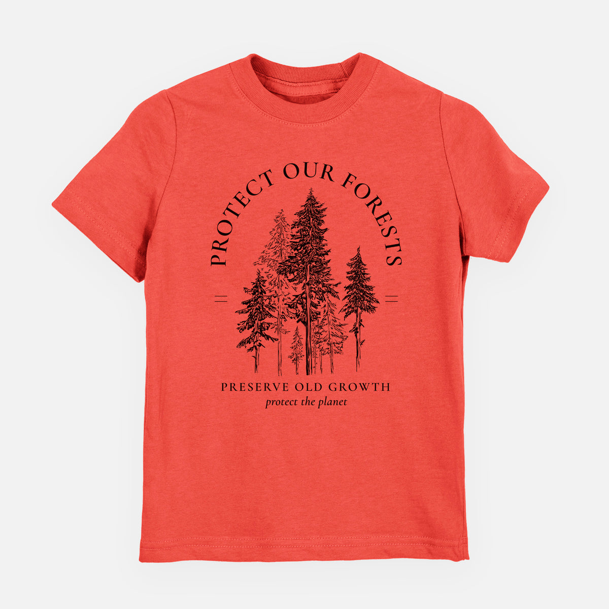 Passionfruit pink youth t-shirt laid flat, printed with a black ink illustration of a stand of tall pine trees, framed by the words Protect Our Forests, Preserve Old Growth.