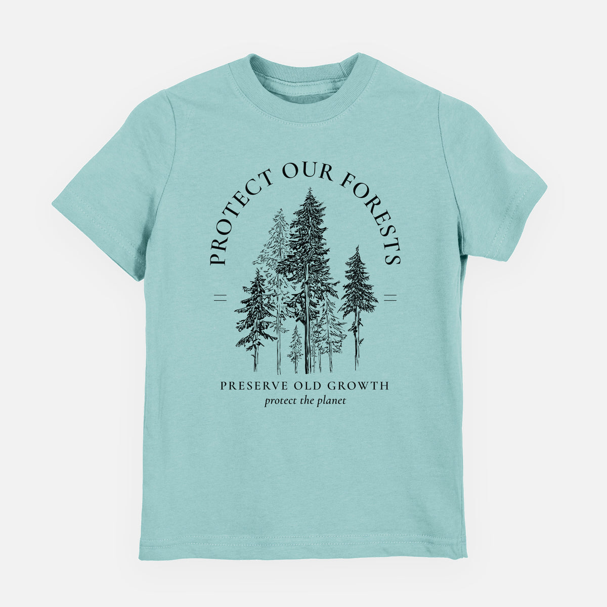 Saltwater youth t-shirt laid flat, printed with a black ink illustration of a stand of tall pine trees, framed by the words Protect Our Forests, Preserve Old Growth.