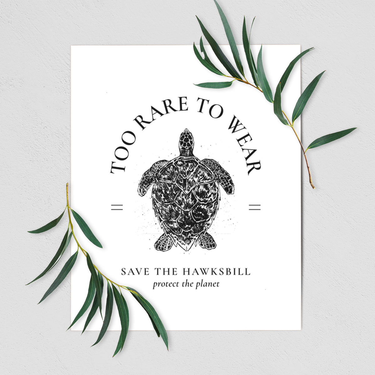 Art print of a black ink hawksbill sea turtle framed by the words Too Rare to Wear, Save the Hawksbill, shown with eucalyptus leaves.