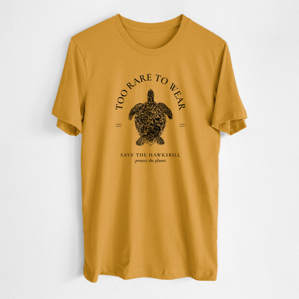 Honeycomb yellow lightweight cotton t-shirt laid flat, printed with a black ink hawksbill sea turtle framed by the words Too Rare to Wear, Save the Hawksbill.