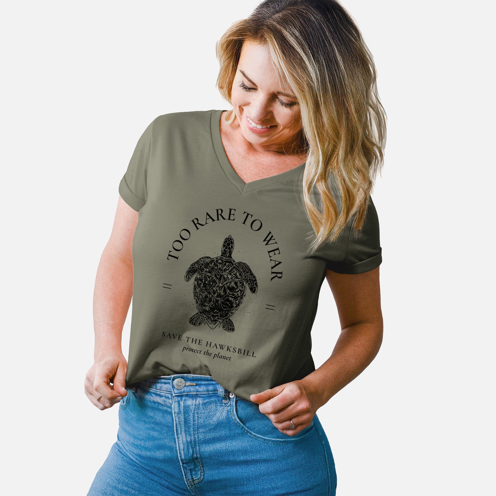 Turquoise women's relaxed fit cotton V-neck t-shirt laid flat, printed with a black ink hawksbill sea turtle framed by the words Too Rare to Wear, Save the Hawksbill.