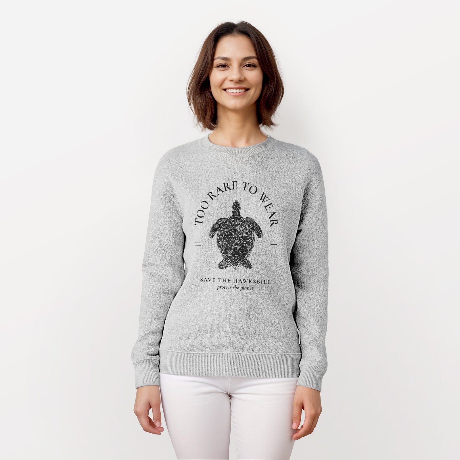 Salt and pepper knit sweatshirt laid flat, printed with a black ink hawksbill sea turtle framed by the words Too Rare to Wear, Save the Hawksbill.
