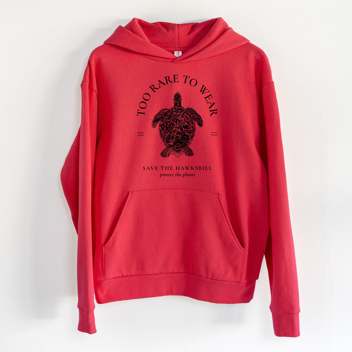 Too Rare to Wear - Save the Hawksbill - Statement Midweight Hoodie in Cherry Red, hanging on a white wall, with a front kangaroo pocket and no drawcords.
