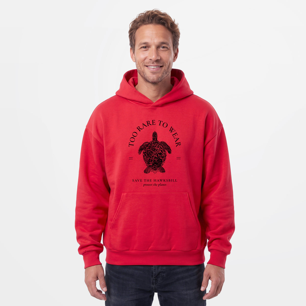 Male model wearing the Too Rare to Wear - Save the Hawksbill - Statement Midweight Hoodie.