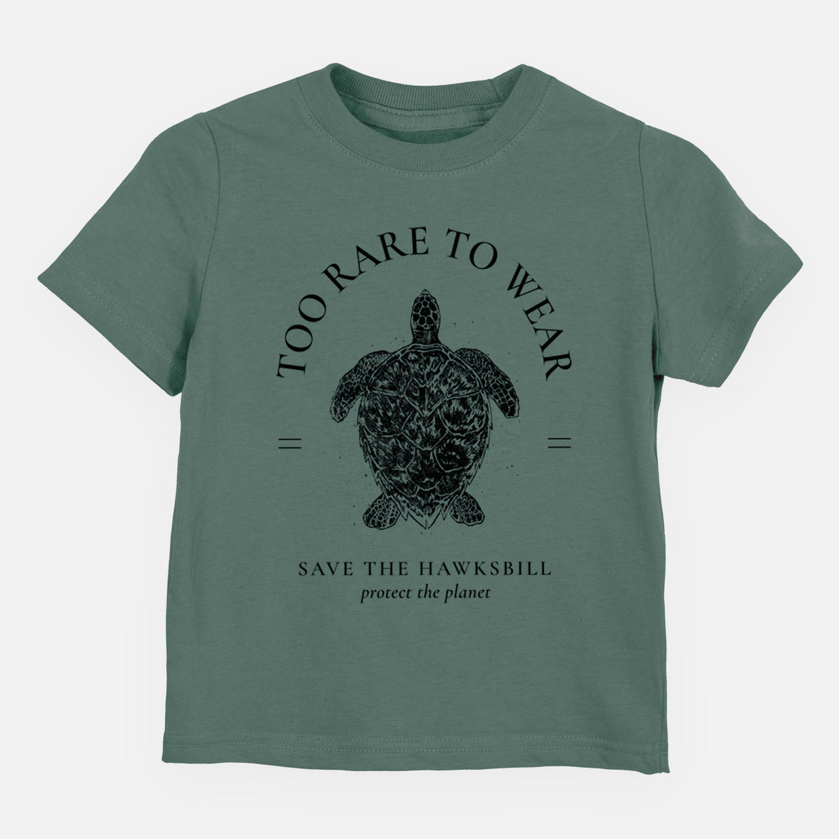 Basil green toddler t-shirt laid flat, printed with a black ink hawksbill sea turtle framed by the words Too Rare to Wear, Save the Hawksbill.
