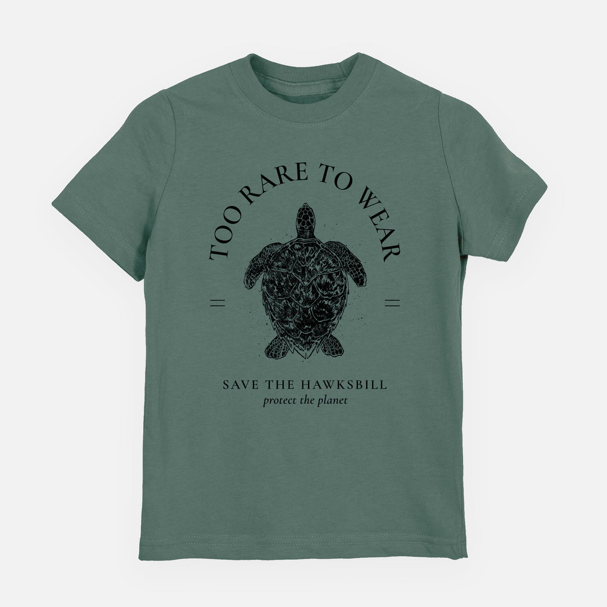 Basil green youth t-shirt laid flat, printed with a black ink hawksbill sea turtle framed by the words Too Rare to Wear, Save the Hawksbill.