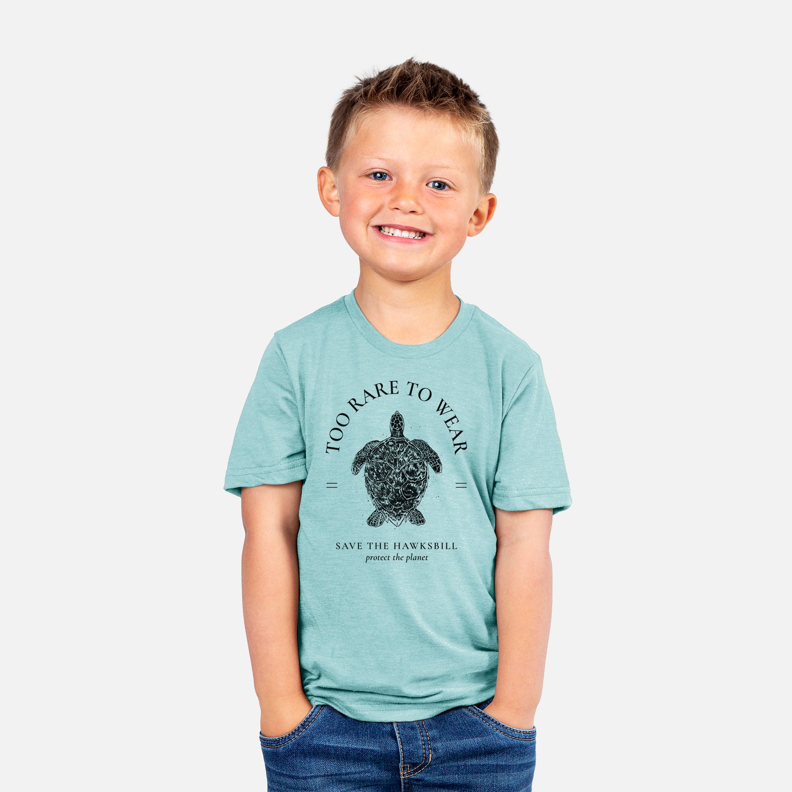 Two youth t-shirts in different colors on hangers, printed with a black ink hawksbill sea turtle framed by the words Too Rare to Wear, Save the Hawksbill.
