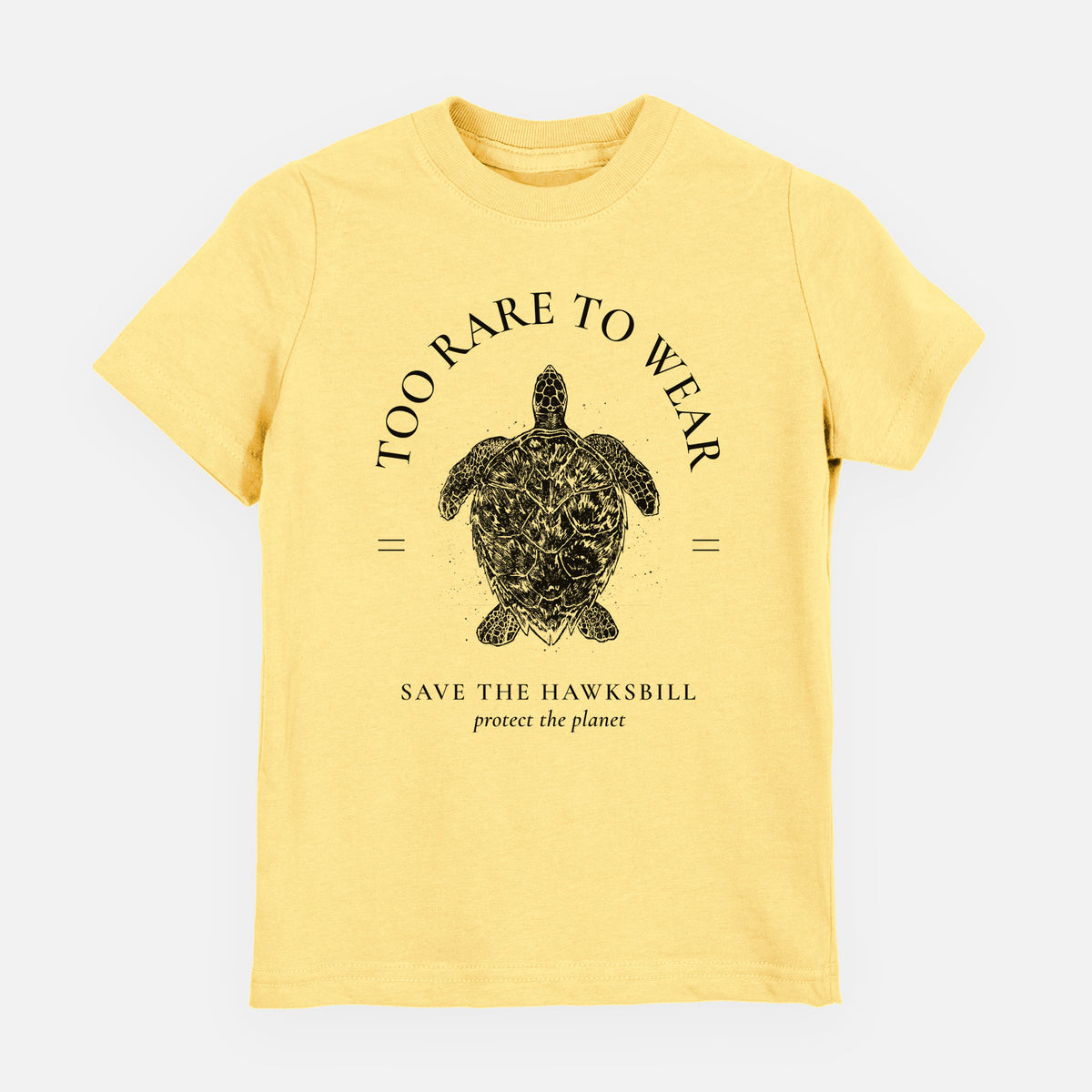 Butter yellow youth t-shirt laid flat, printed with a black ink hawksbill sea turtle framed by the words Too Rare to Wear, Save the Hawksbill.