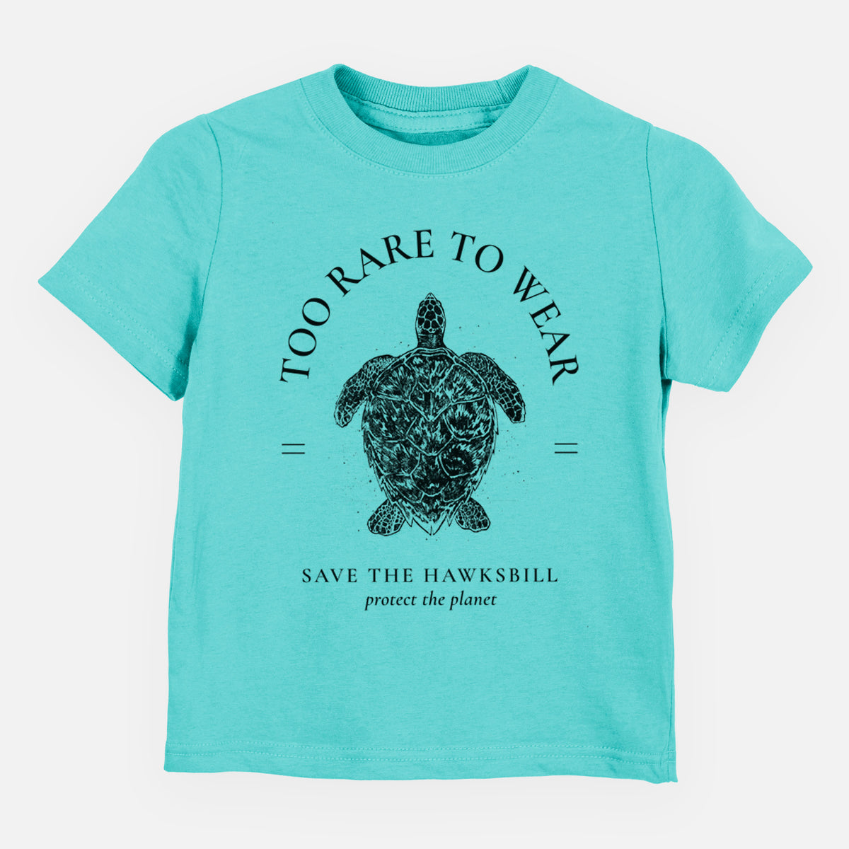 Caribbean blue toddler t-shirt laid flat, printed with a black ink hawksbill sea turtle framed by the words Too Rare to Wear, Save the Hawksbill.