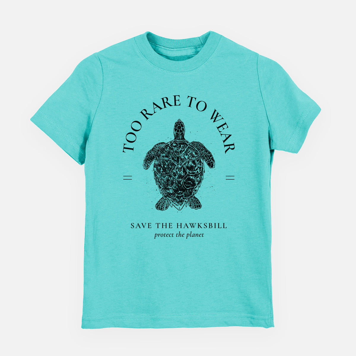 Caribbean blue youth t-shirt laid flat, printed with a black ink hawksbill sea turtle framed by the words Too Rare to Wear, Save the Hawksbill.