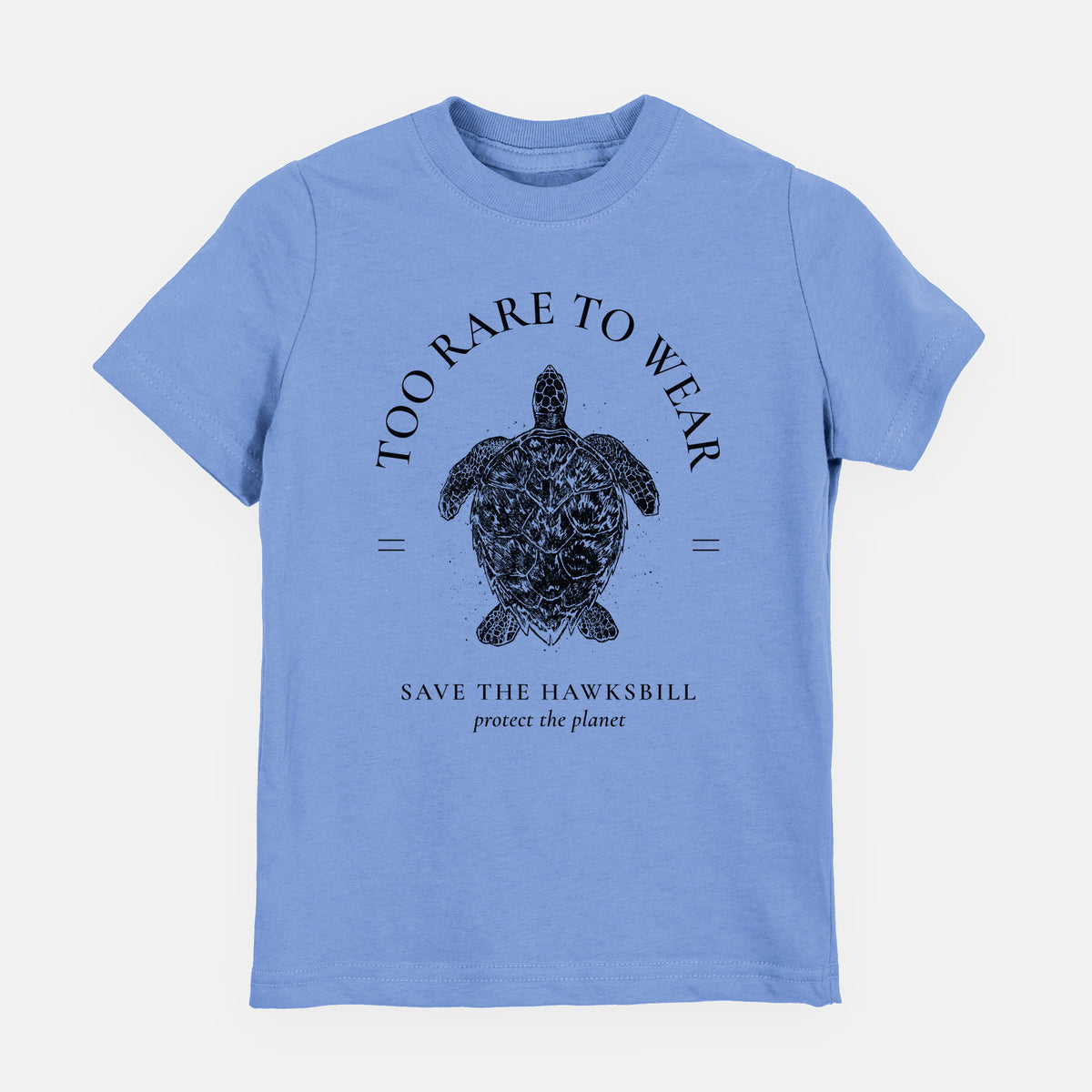 Carolina blue youth t-shirt laid flat, printed with a black ink hawksbill sea turtle framed by the words Too Rare to Wear, Save the Hawksbill.