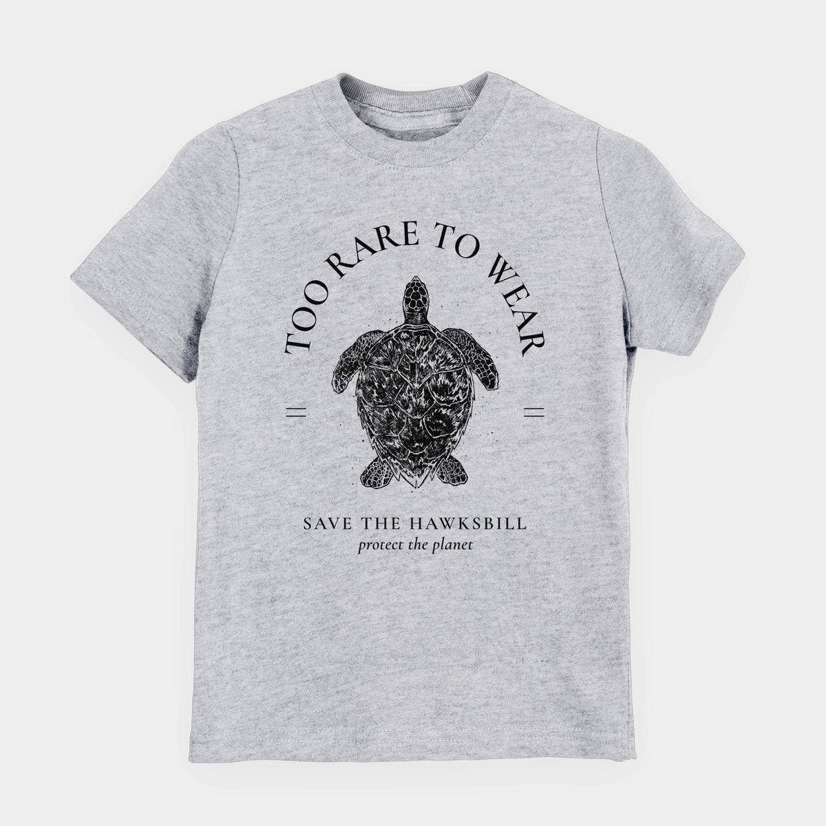 Heather grey youth t-shirt laid flat, printed with a black ink hawksbill sea turtle framed by the words Too Rare to Wear, Save the Hawksbill.