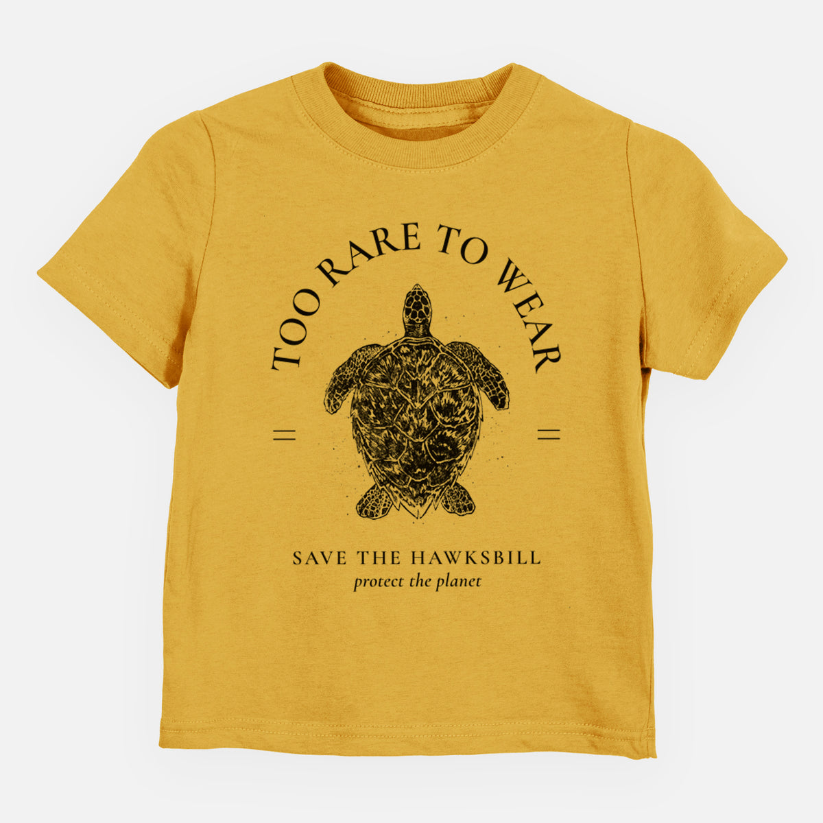 Honeycomb yellow toddler t-shirt laid flat, printed with a black ink hawksbill sea turtle framed by the words Too Rare to Wear, Save the Hawksbill.