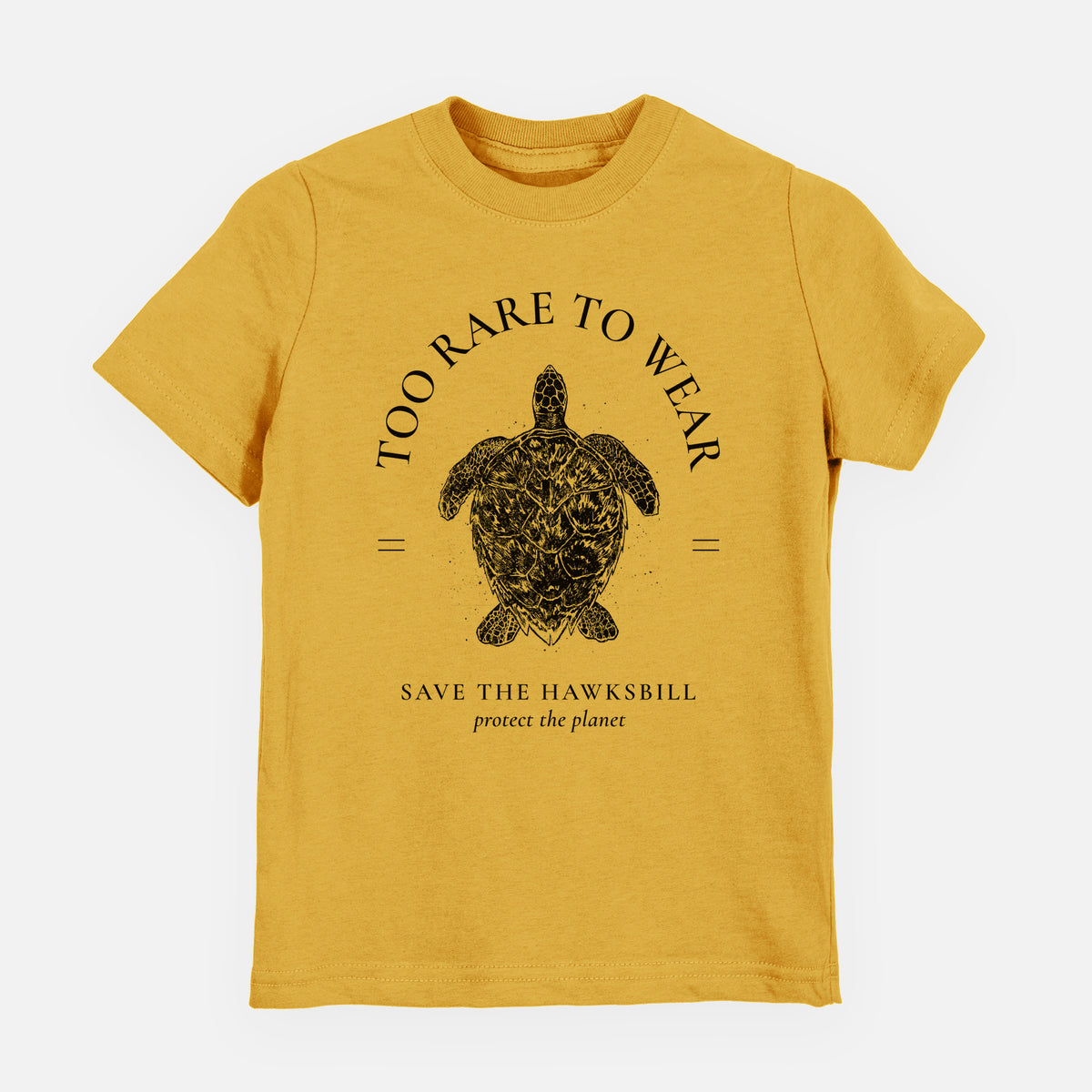 Honeycomb yellow youth t-shirt laid flat, printed with a black ink hawksbill sea turtle framed by the words Too Rare to Wear, Save the Hawksbill.