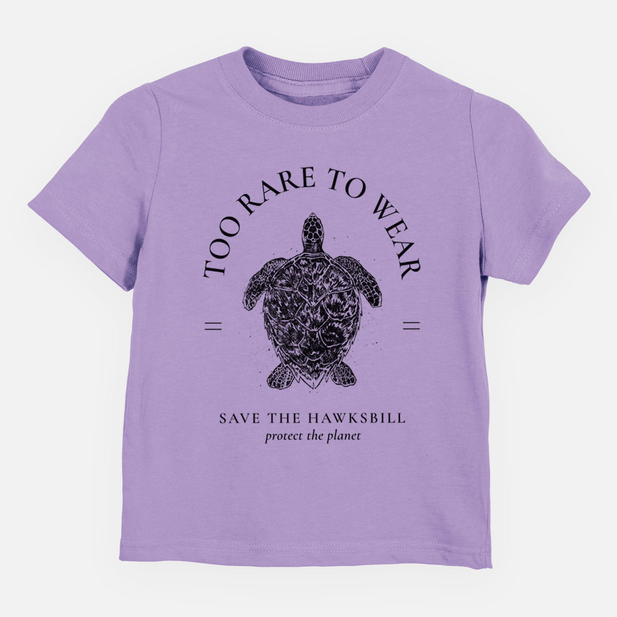 Lavender toddler t-shirt laid flat, printed with a black ink hawksbill sea turtle framed by the words Too Rare to Wear, Save the Hawksbill.