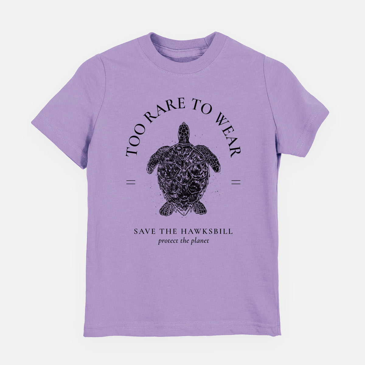 Lavender youth t-shirt laid flat, printed with a black ink hawksbill sea turtle framed by the words Too Rare to Wear, Save the Hawksbill.