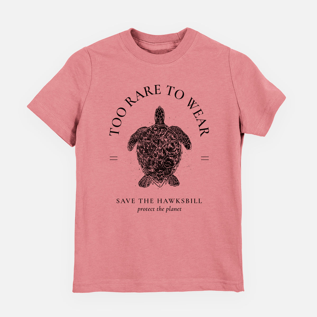 Mauve pink youth t-shirt laid flat, printed with a black ink hawksbill sea turtle framed by the words Too Rare to Wear, Save the Hawksbill.