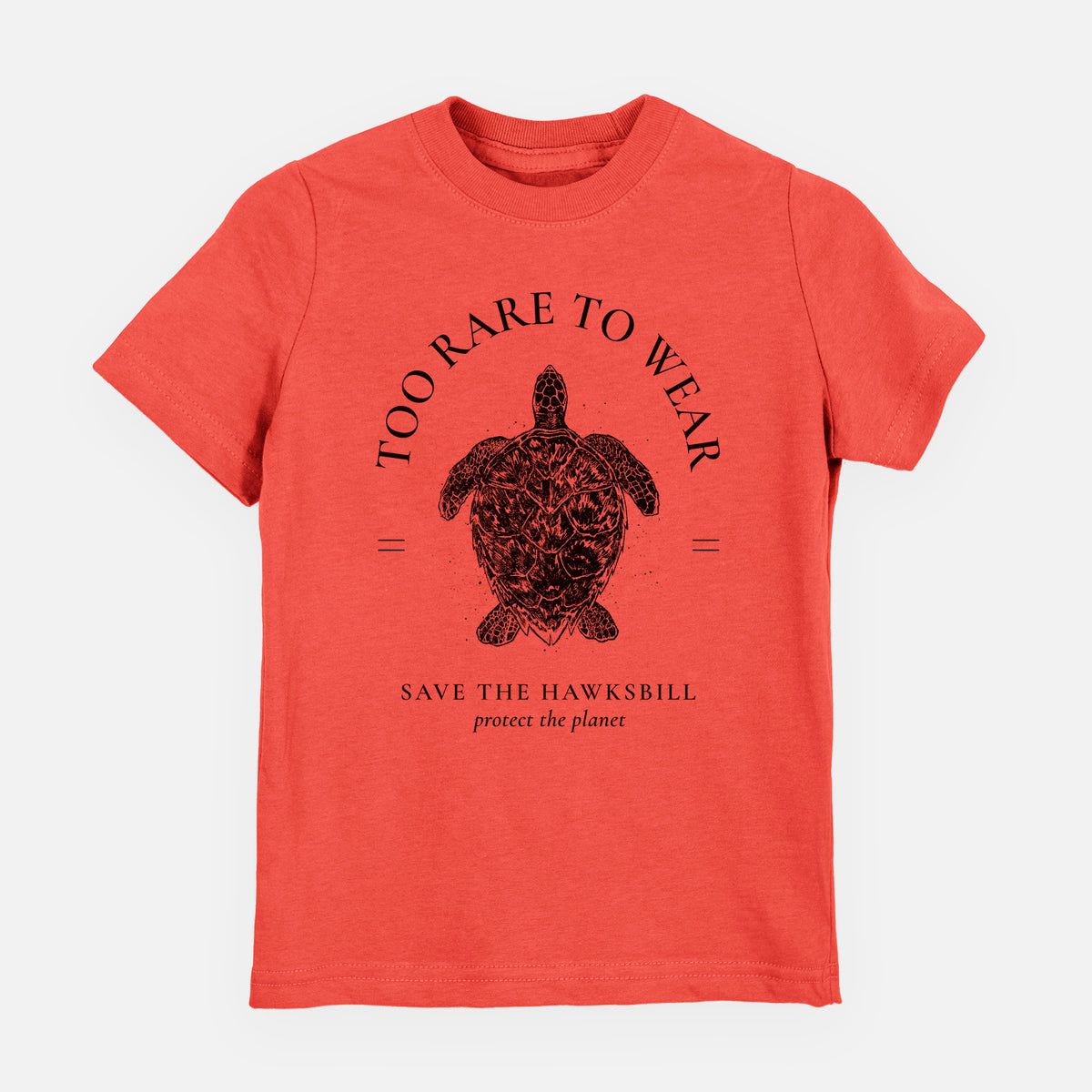 Passionfruit pink youth t-shirt laid flat, printed with a black ink hawksbill sea turtle framed by the words Too Rare to Wear, Save the Hawksbill.