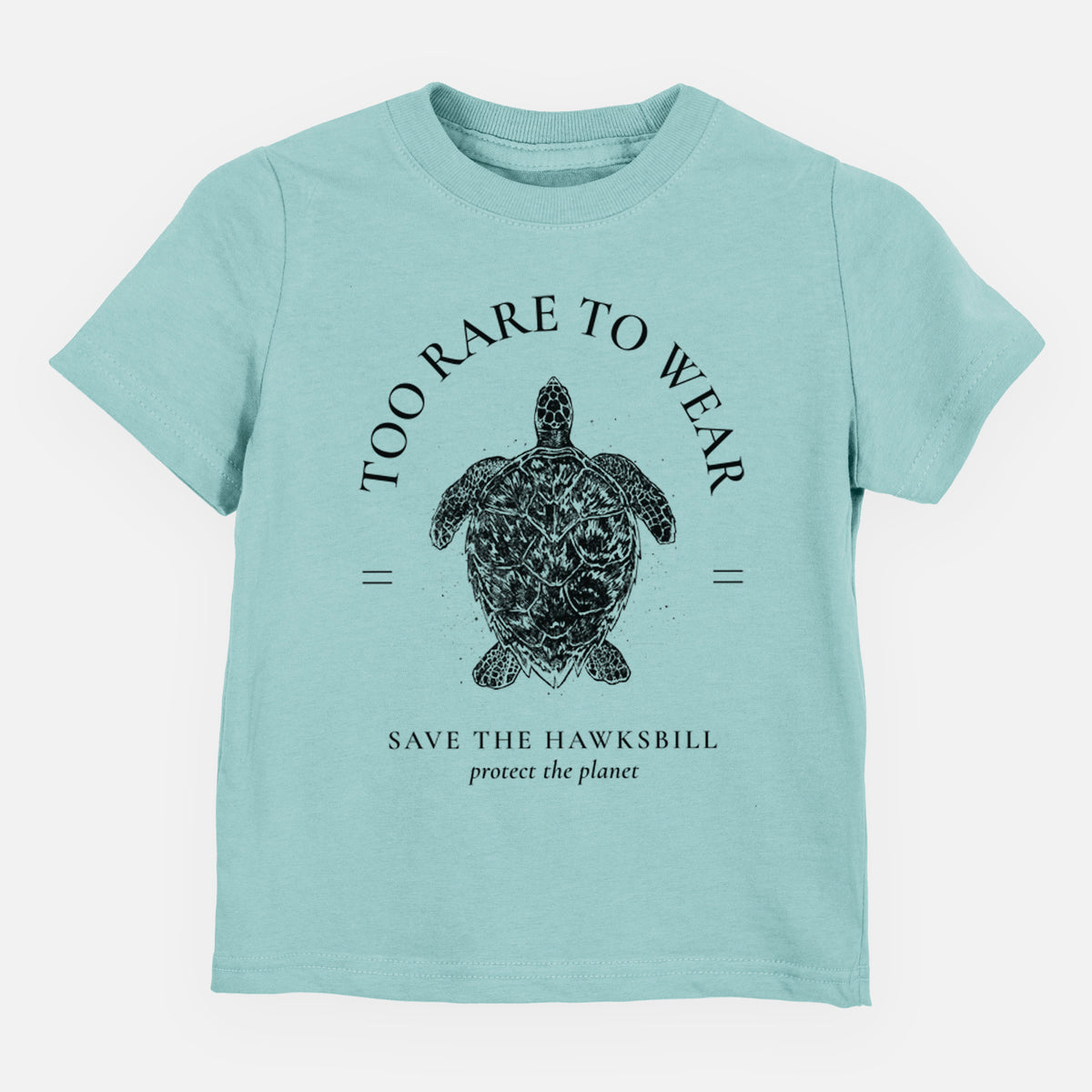 Saltwater toddler t-shirt laid flat, printed with a black ink hawksbill sea turtle framed by the words Too Rare to Wear, Save the Hawksbill.