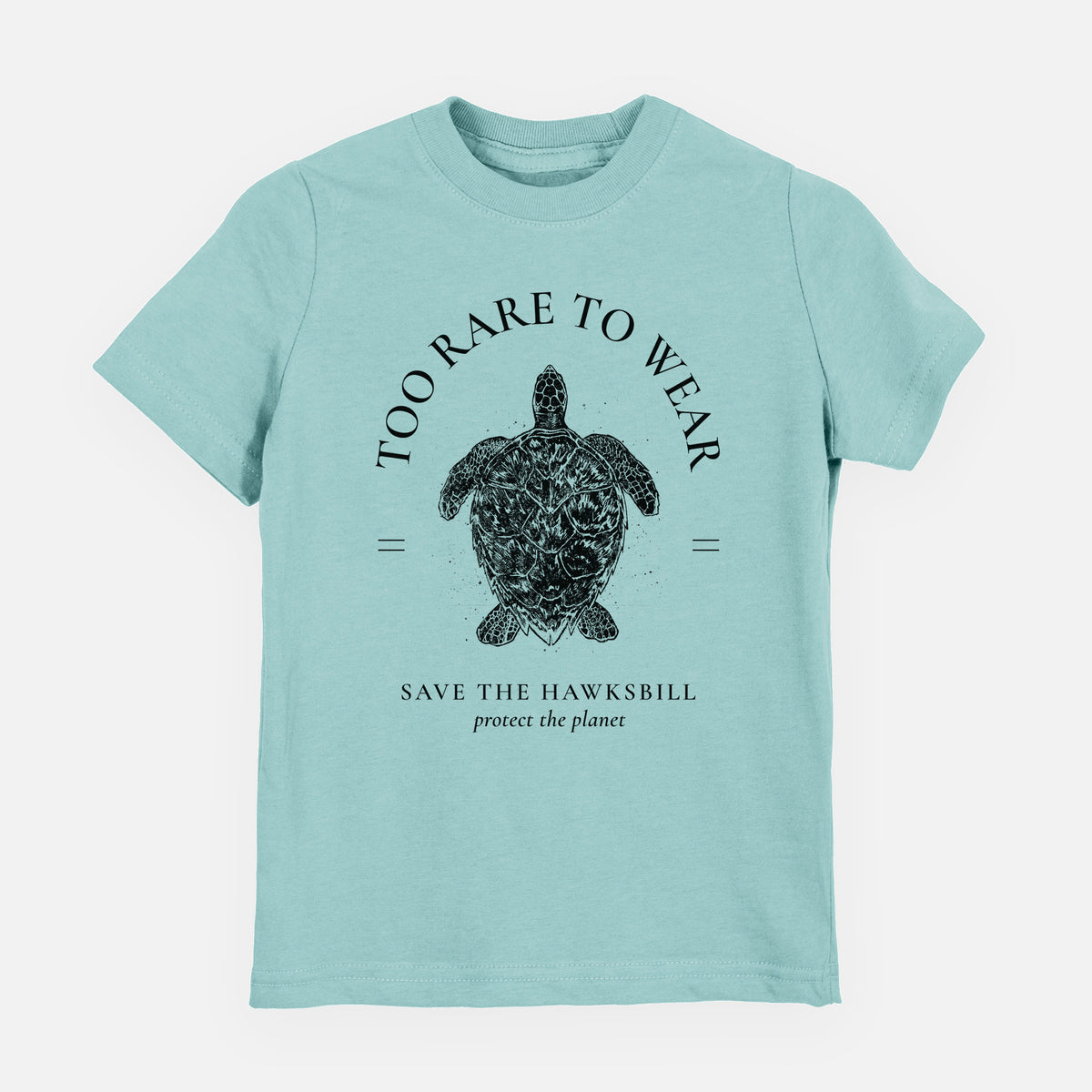 Saltwater youth t-shirt laid flat, printed with a black ink hawksbill sea turtle framed by the words Too Rare to Wear, Save the Hawksbill.