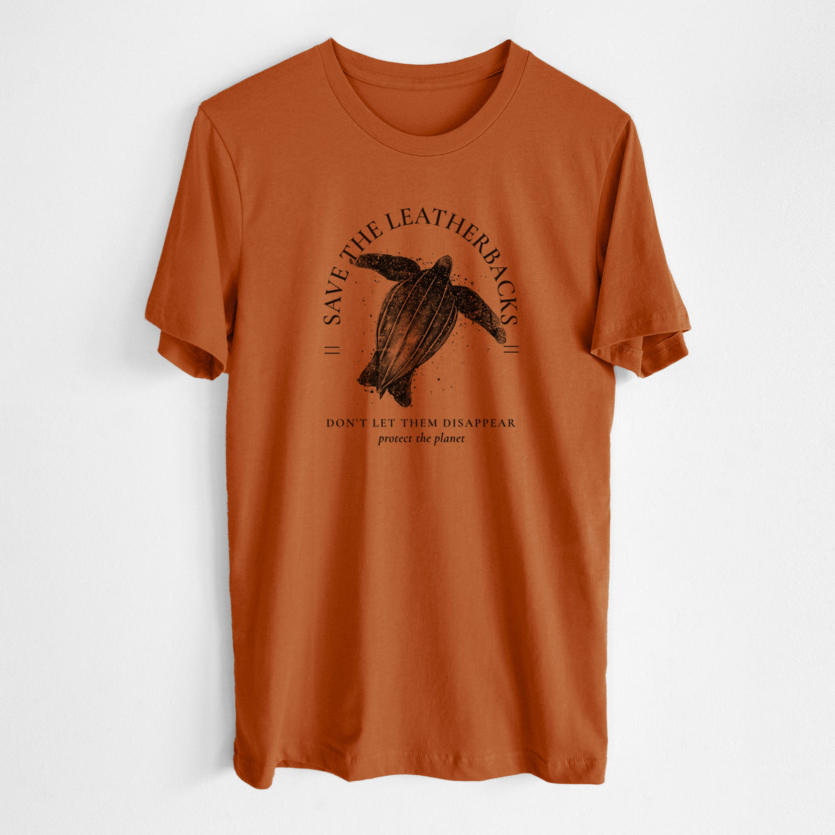 Autumn lightweight cotton t-shirt laid flat, printed with a black ink leatherback sea turtle framed by the words Save the Leatherbacks, Don't Let Them Disappear.