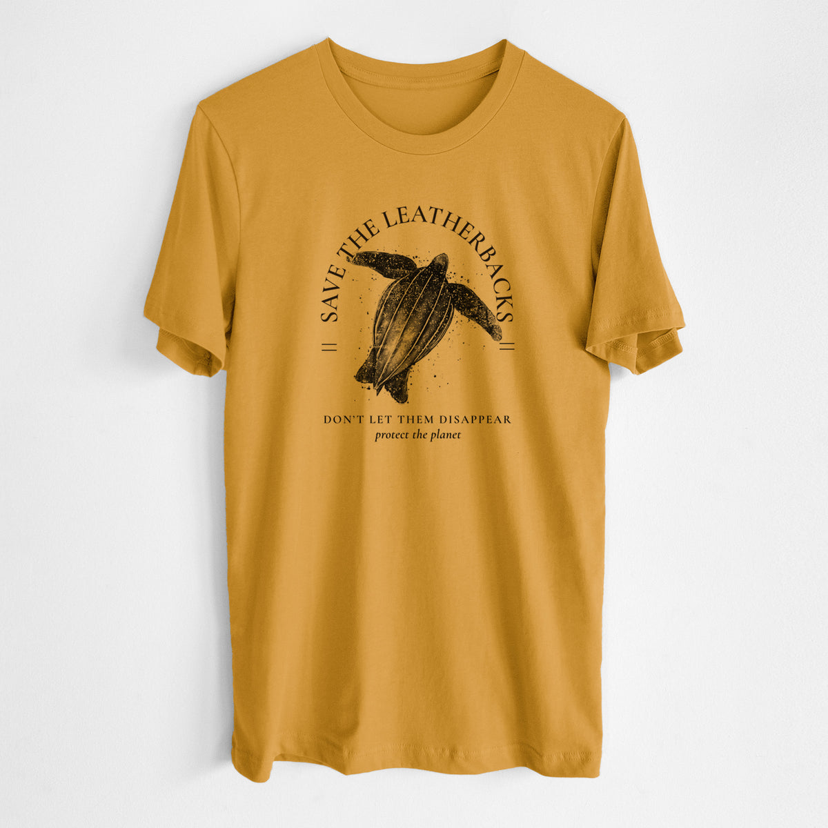 Honeycomb yellow lightweight cotton t-shirt laid flat, printed with a black ink leatherback sea turtle framed by the words Save the Leatherbacks, Don't Let Them Disappear.