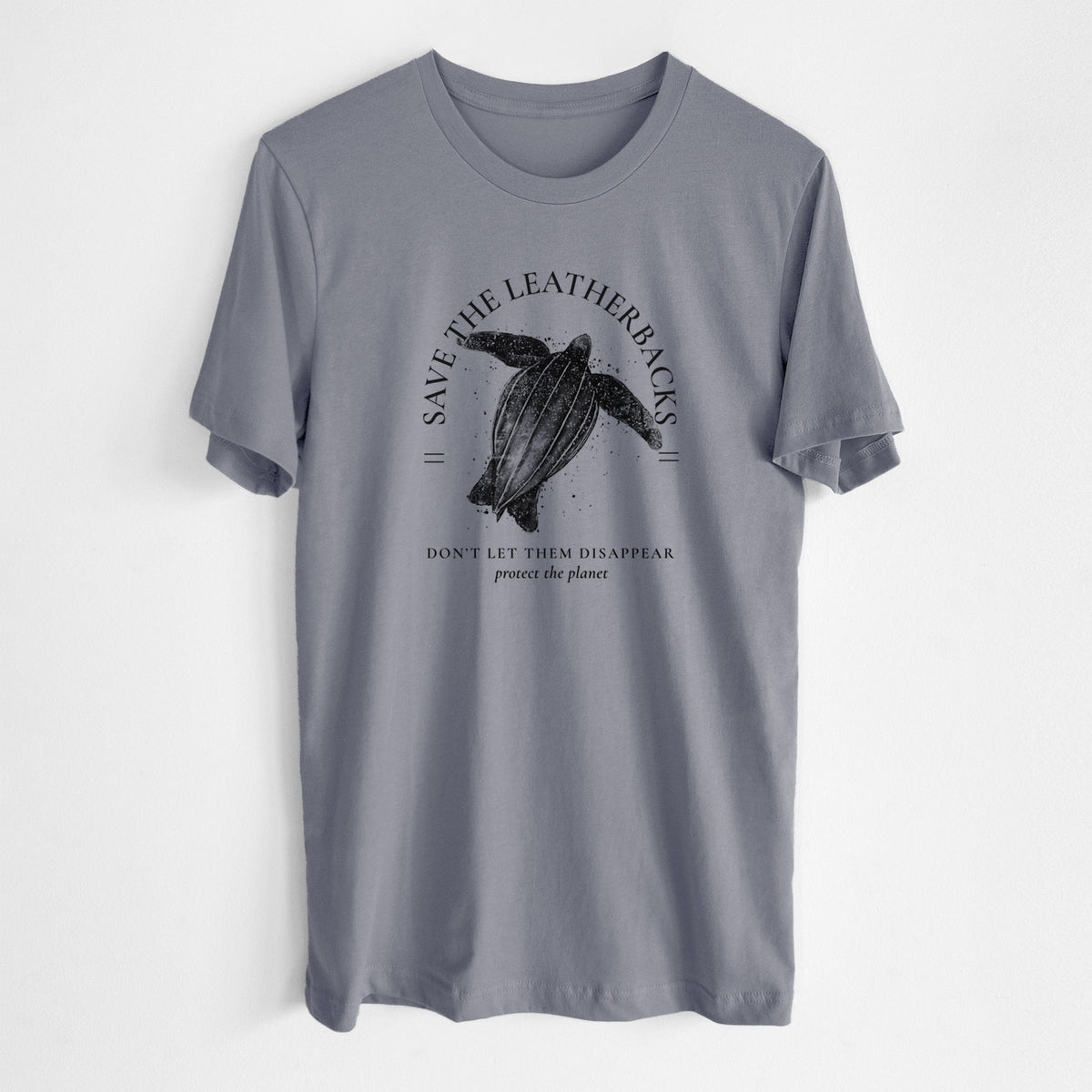 Storm grey lightweight cotton t-shirt laid flat, printed with a black ink leatherback sea turtle framed by the words Save the Leatherbacks, Don't Let Them Disappear.