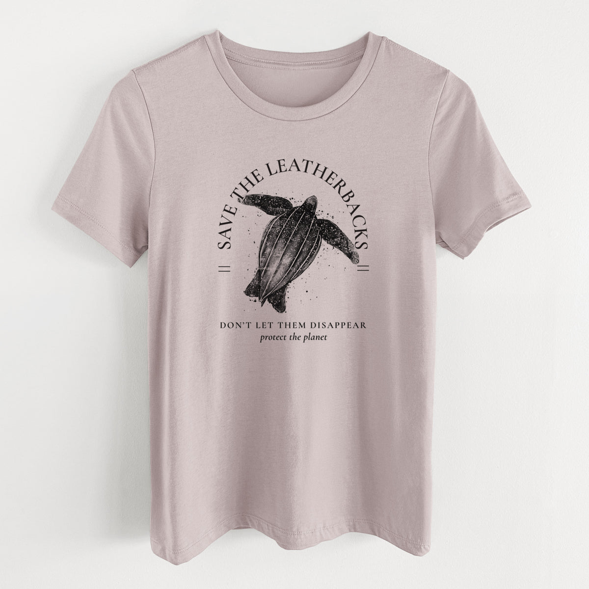 Pink gravel women's relaxed fit cotton t-shirt laid flat, printed with a black ink leatherback sea turtle framed by the words Save the Leatherbacks, Don't Let Them Disappear.