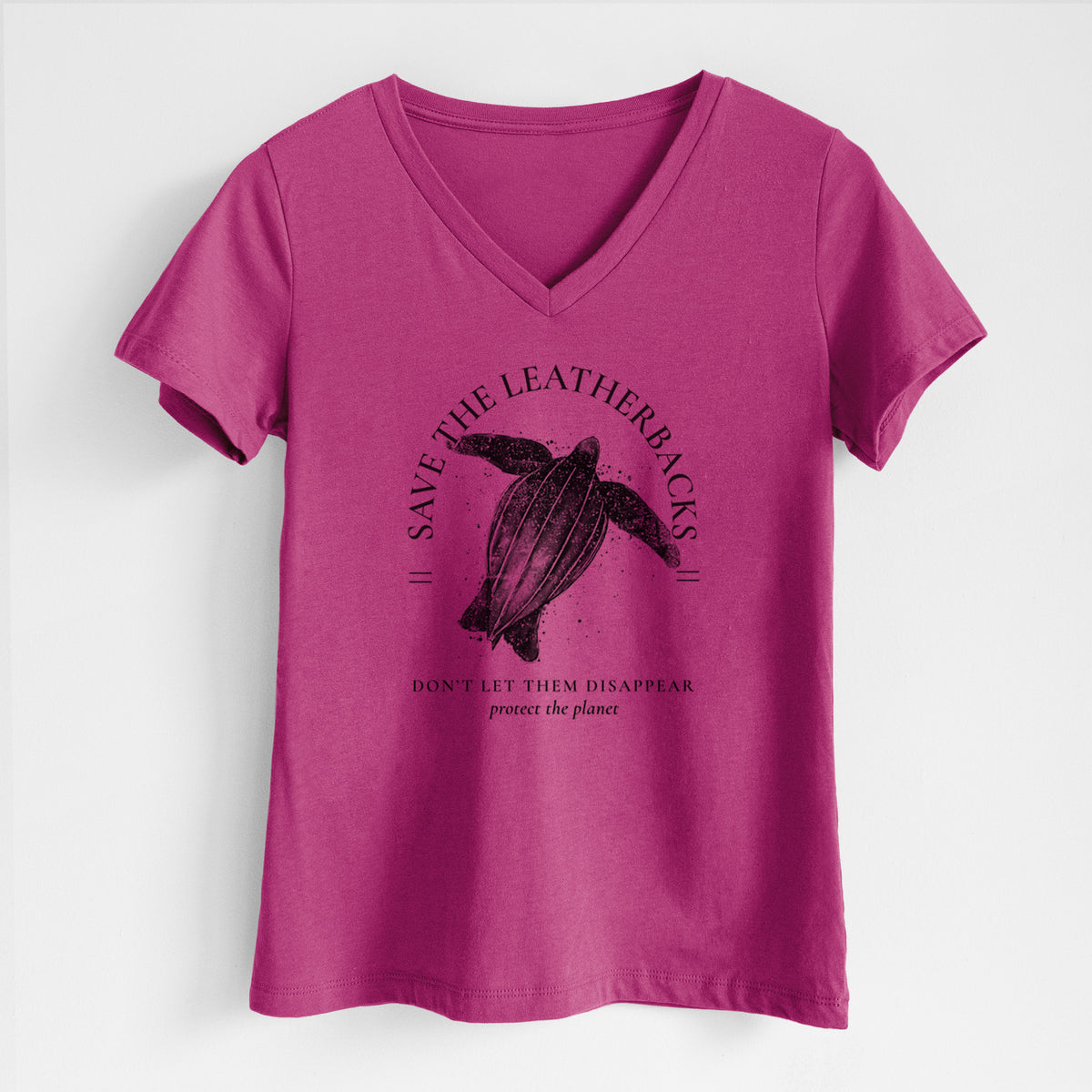 Berry pink women's relaxed fit cotton V-neck t-shirt laid flat, printed with a black ink leatherback sea turtle framed by the words Save the Leatherbacks, Don't Let Them Disappear.