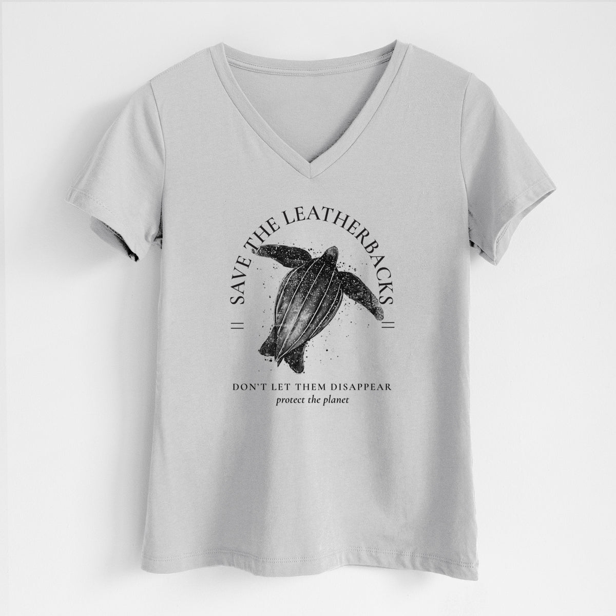 Lunar grey women's relaxed fit cotton V-neck t-shirt laid flat, printed with a black ink leatherback sea turtle framed by the words Save the Leatherbacks, Don't Let Them Disappear.