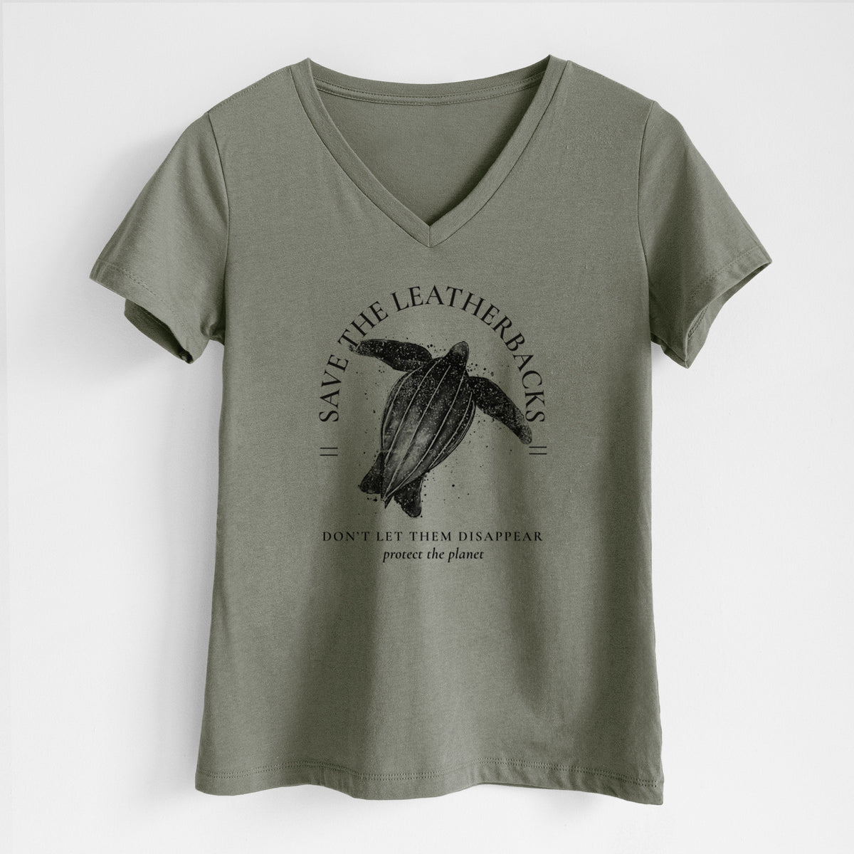 Military green women's relaxed fit cotton V-neck t-shirt laid flat, printed with a black ink leatherback sea turtle framed by the words Save the Leatherbacks, Don't Let Them Disappear.