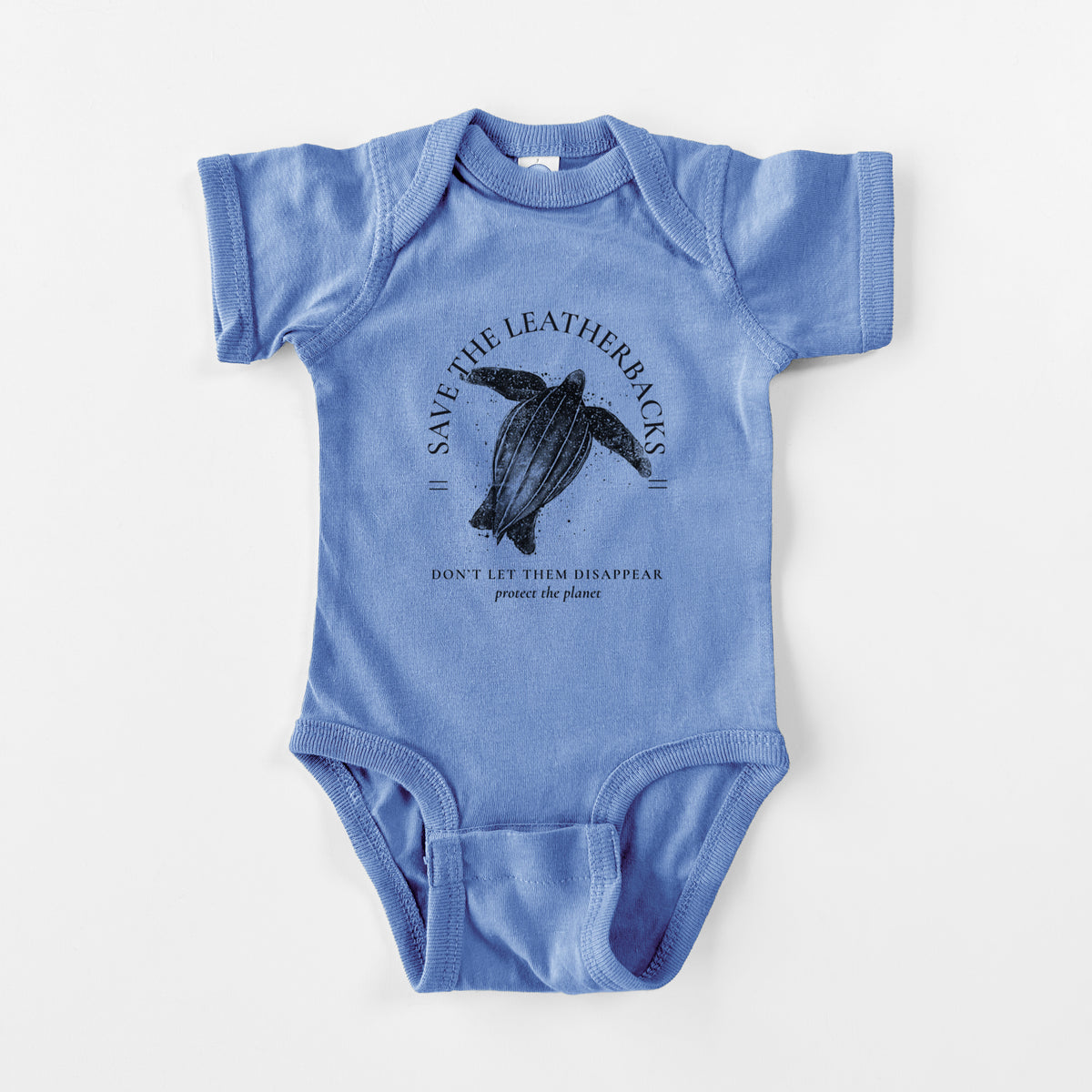 Carolina blue baby bodysuit laid flat, printed with a black ink leatherback sea turtle framed by the words Save the Leatherbacks, Don't Let Them Disappear.