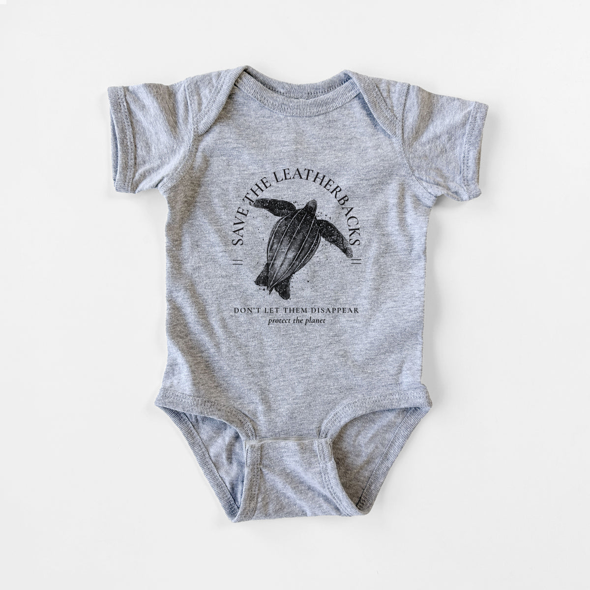 Grey baby bodysuit laid flat, printed with a black ink leatherback sea turtle framed by the words Save the Leatherbacks, Don't Let Them Disappear.