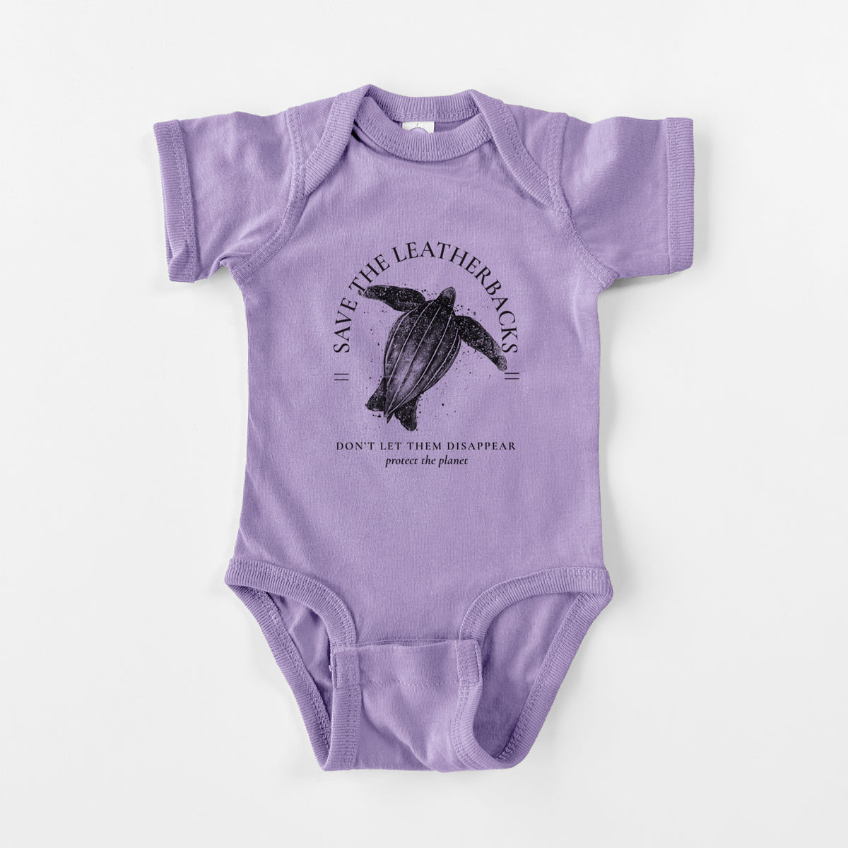 Lavender baby bodysuit laid flat, printed with a black ink leatherback sea turtle framed by the words Save the Leatherbacks, Don't Let Them Disappear.
