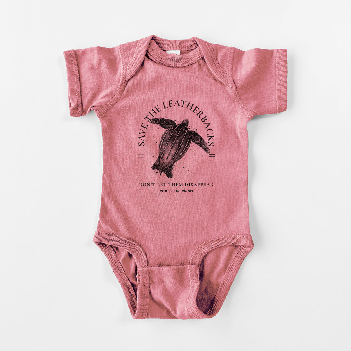 Mauve pink baby bodysuit laid flat, printed with a black ink leatherback sea turtle framed by the words Save the Leatherbacks, Don't Let Them Disappear.