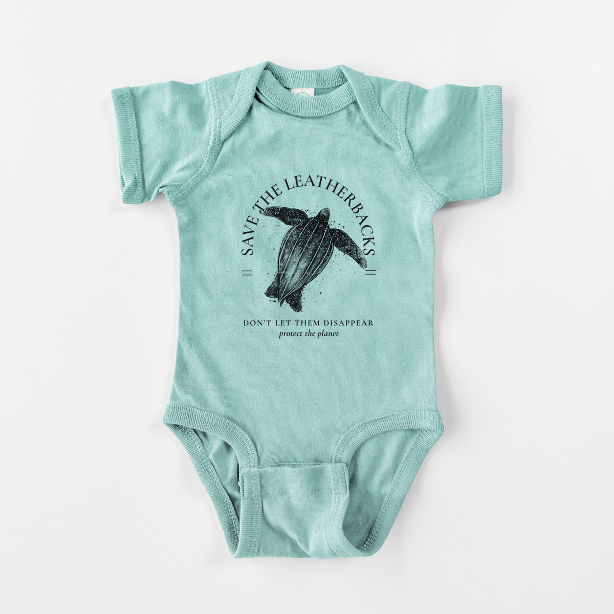 Saltwater baby bodysuit laid flat, printed with a black ink leatherback sea turtle framed by the words Save the Leatherbacks, Don't Let Them Disappear.