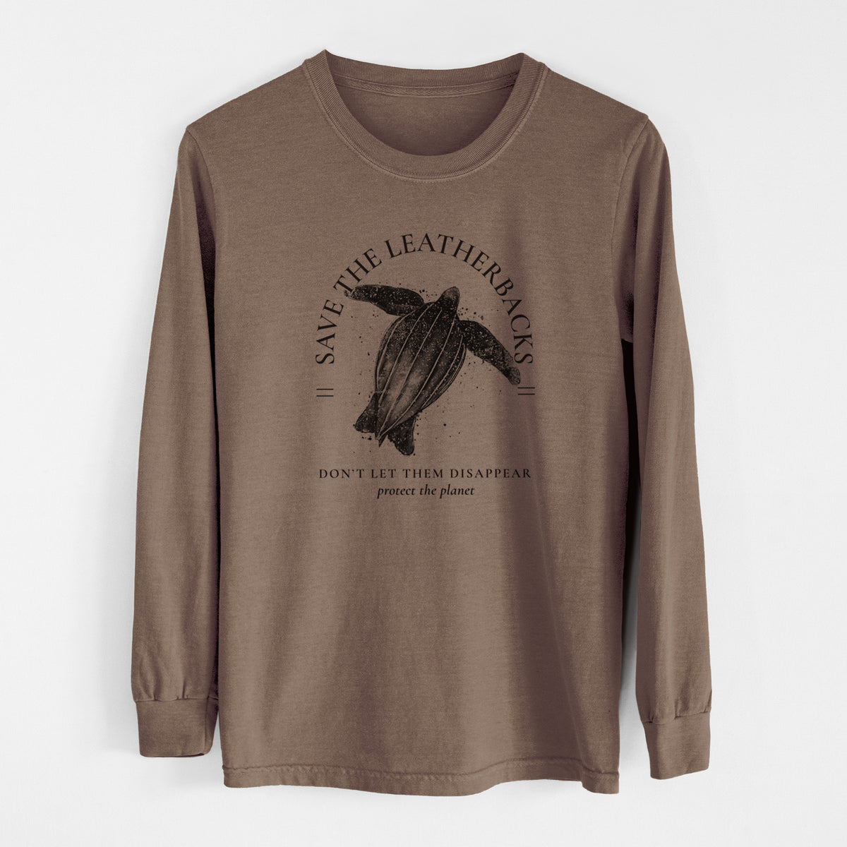 Espresso brown Comfort Colors long sleeve shirt laid flat, printed with a black ink leatherback sea turtle framed by the words Save the Leatherbacks, Don't Let Them Disappear.