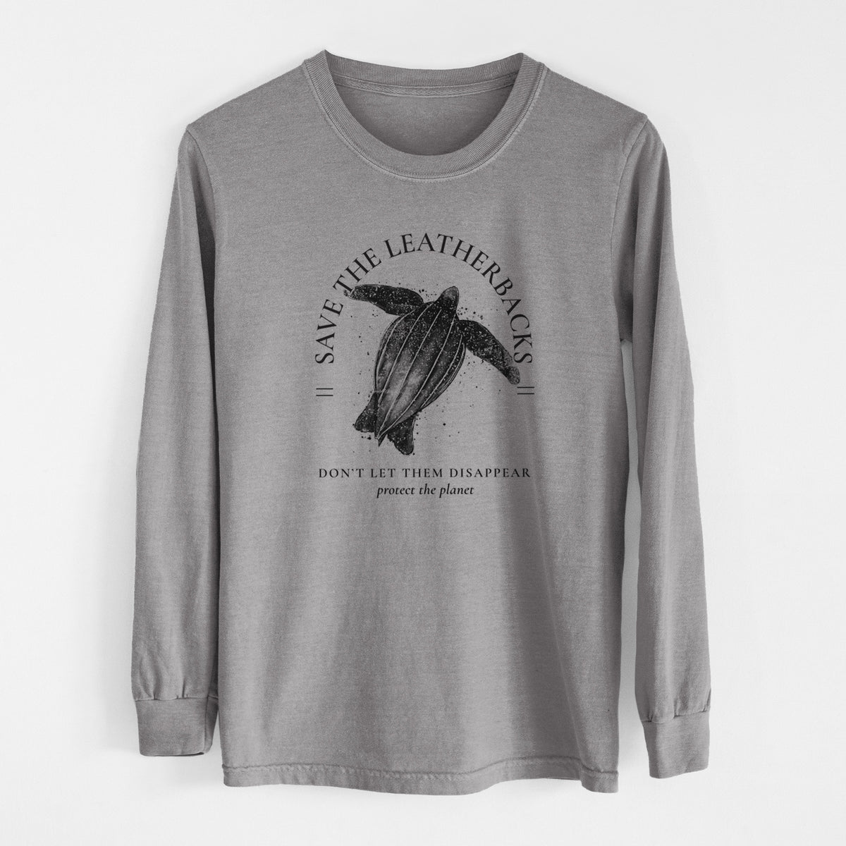 Grey Comfort Colors long sleeve shirt laid flat, printed with a black ink leatherback sea turtle framed by the words Save the Leatherbacks, Don't Let Them Disappear.