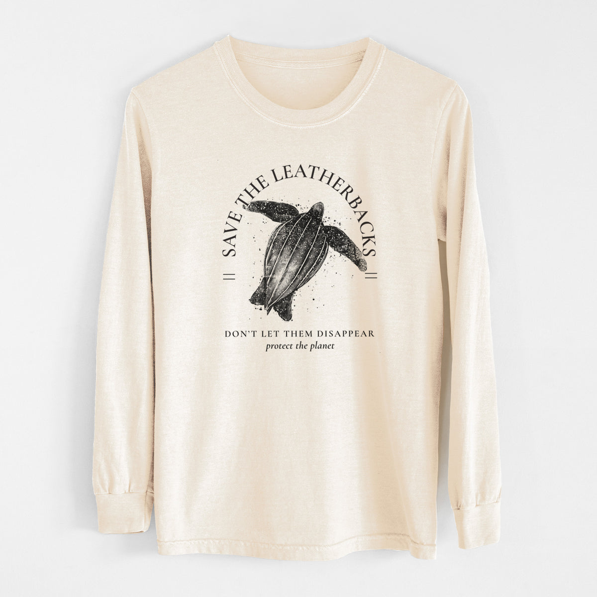 Ivory Comfort Colors long sleeve shirt laid flat, printed with a black ink leatherback sea turtle framed by the words Save the Leatherbacks, Don't Let Them Disappear.