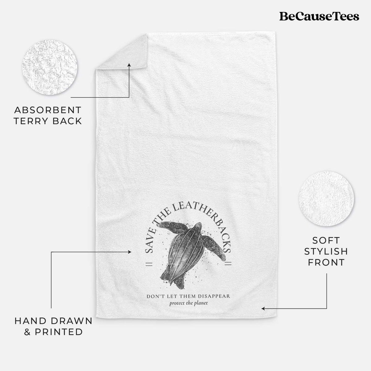 White hand towel printed with a black ink leatherback sea turtle framed by the words Save the Leatherbacks, Don't Let Them Disappear.
