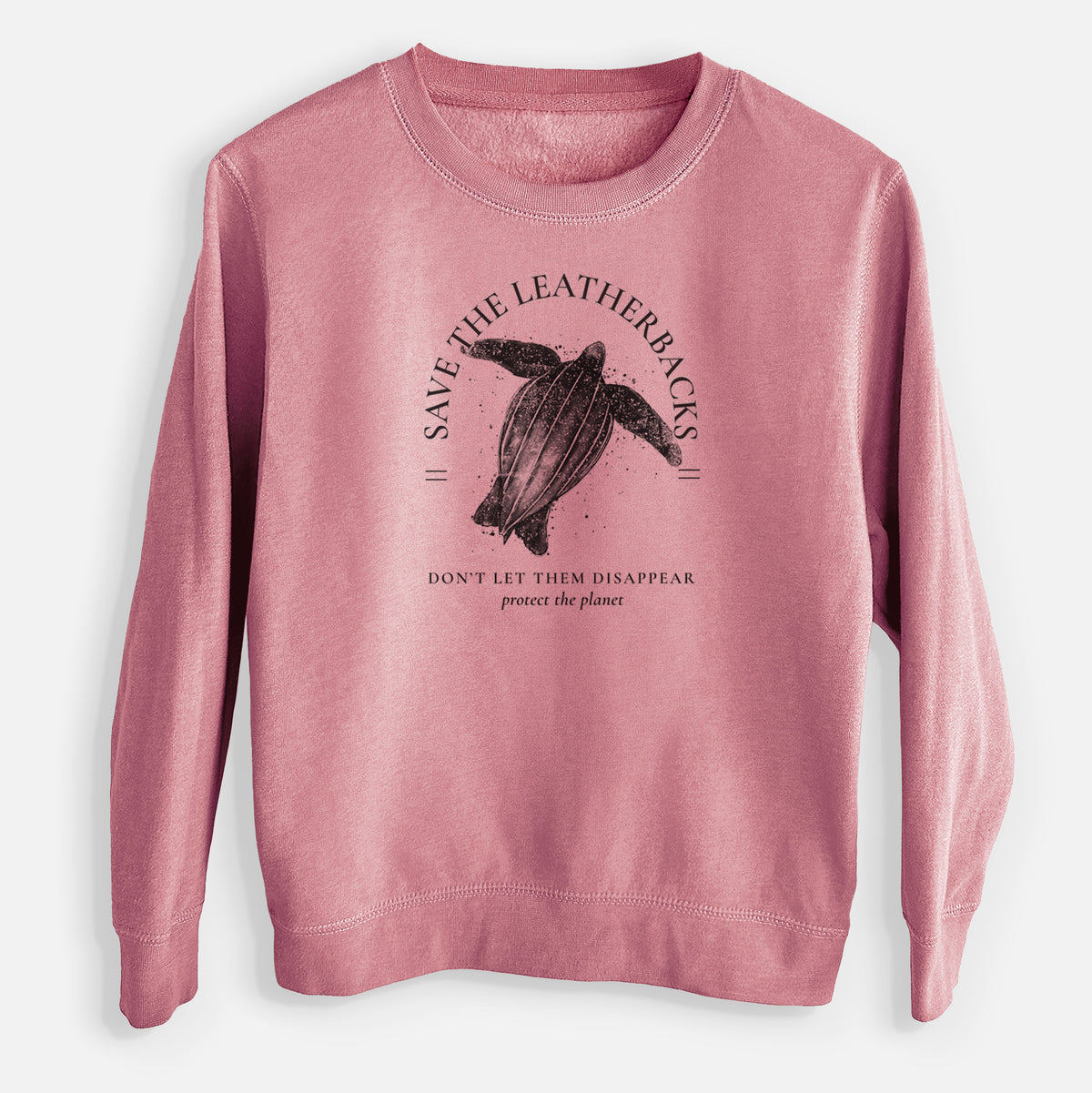 Mauve pink youth crewneck sweatshirt laid flat, printed with a black ink leatherback sea turtle framed by the words Save the Leatherbacks, Don't Let Them Disappear.