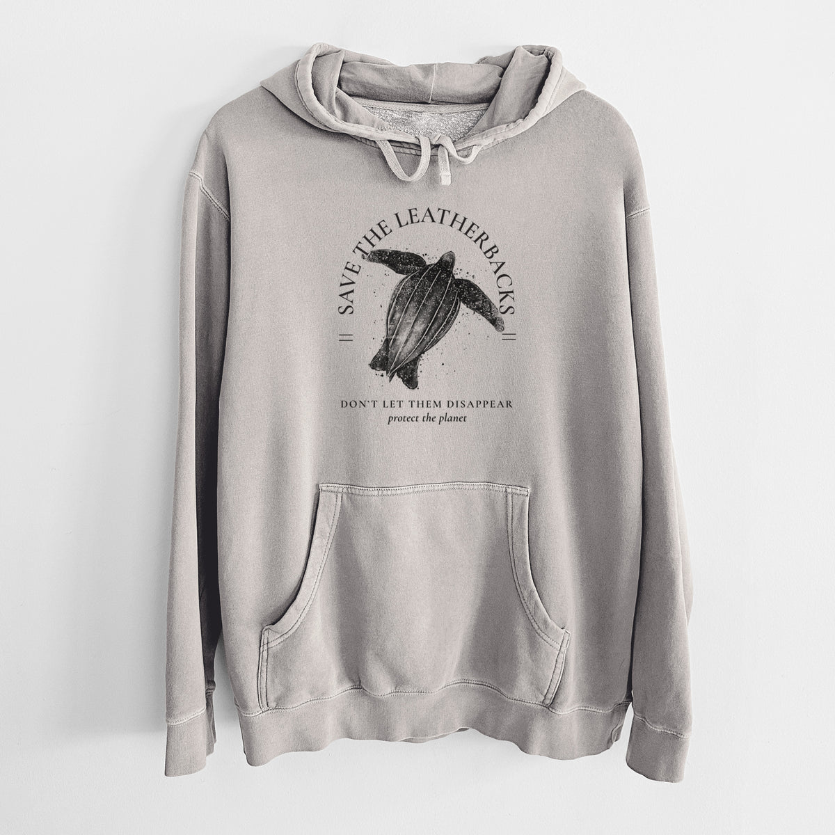 Cement grey pigment dyed hoodie laid flat, printed with a black ink leatherback sea turtle framed by the words Save the Leatherbacks, Don't Let Them Disappear.
