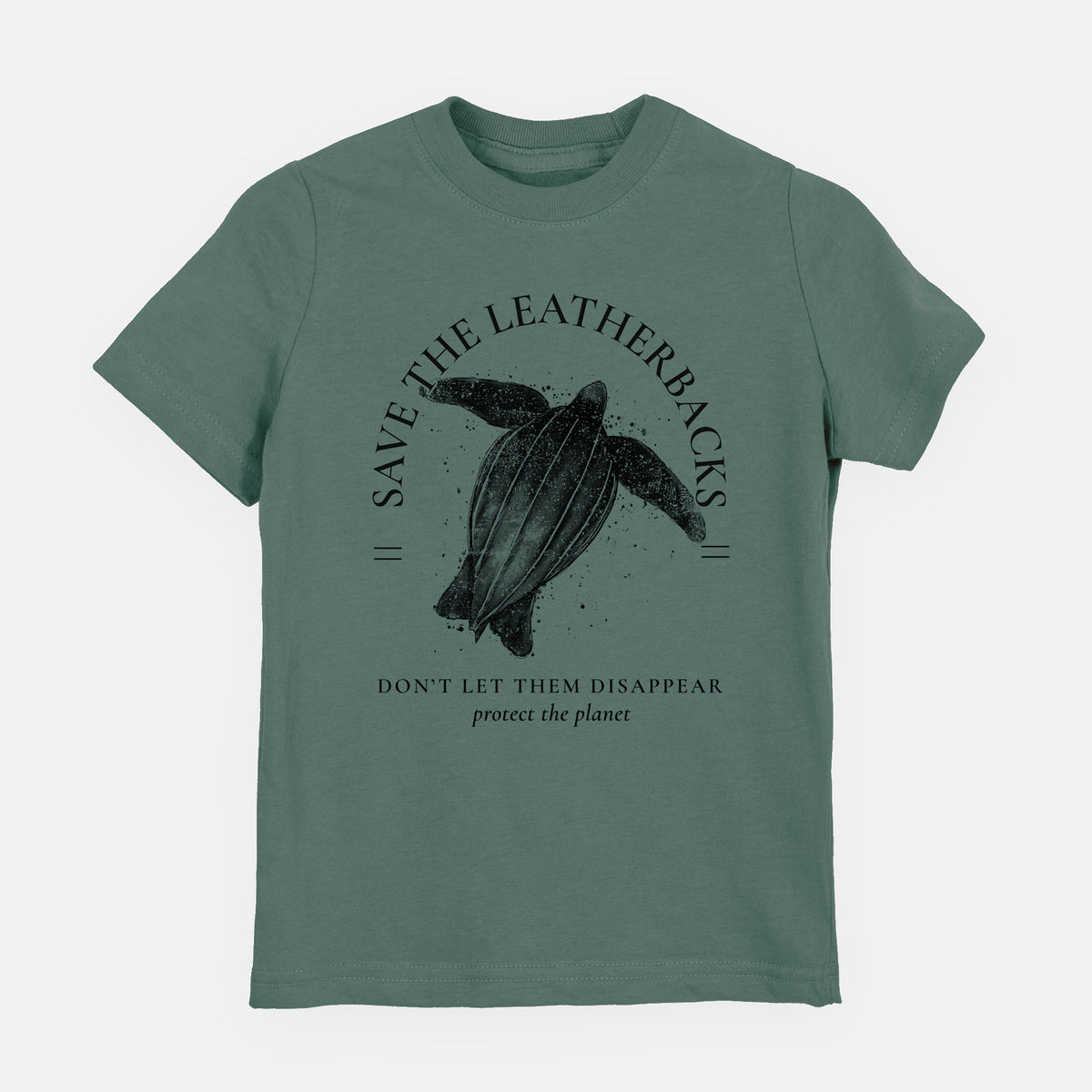 Basil green youth t-shirt laid flat, printed with a black ink leatherback sea turtle framed by the words Save the Leatherbacks, Don't Let Them Disappear.