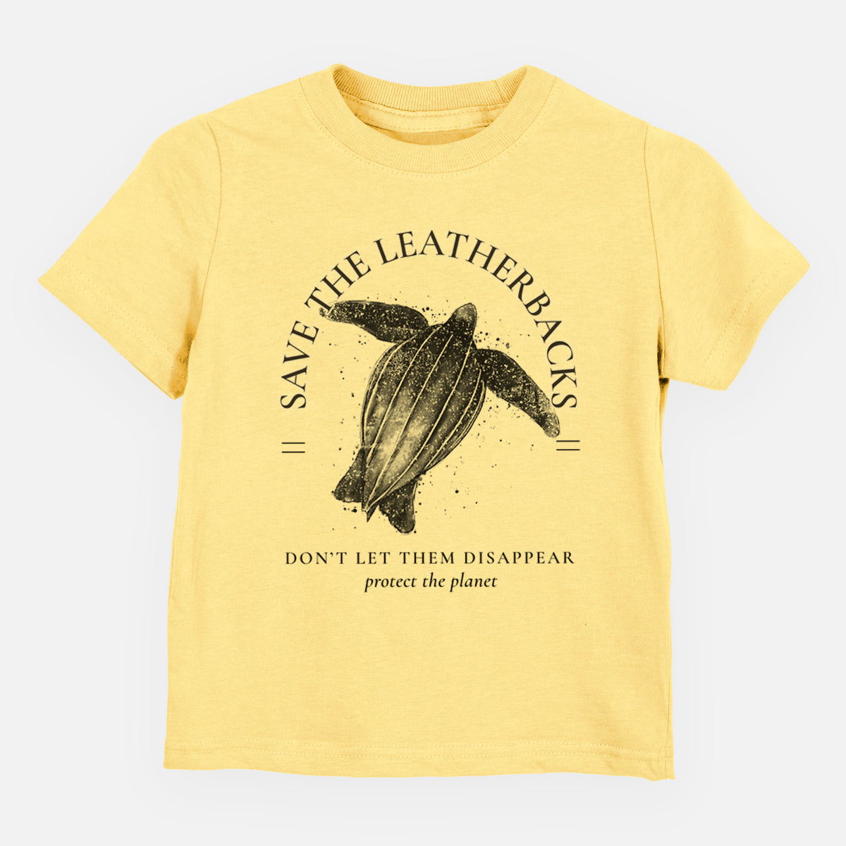 Butter yellow toddler t-shirt laid flat, printed with a black ink leatherback sea turtle framed by the words Save the Leatherbacks, Don't Let Them Disappear.
