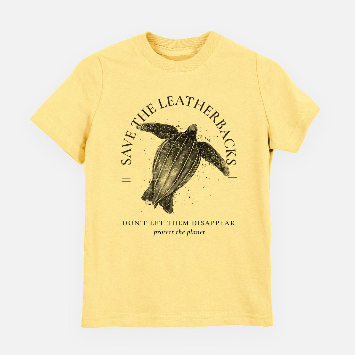 Butter yellow youth t-shirt laid flat, printed with a black ink leatherback sea turtle framed by the words Save the Leatherbacks, Don't Let Them Disappear.