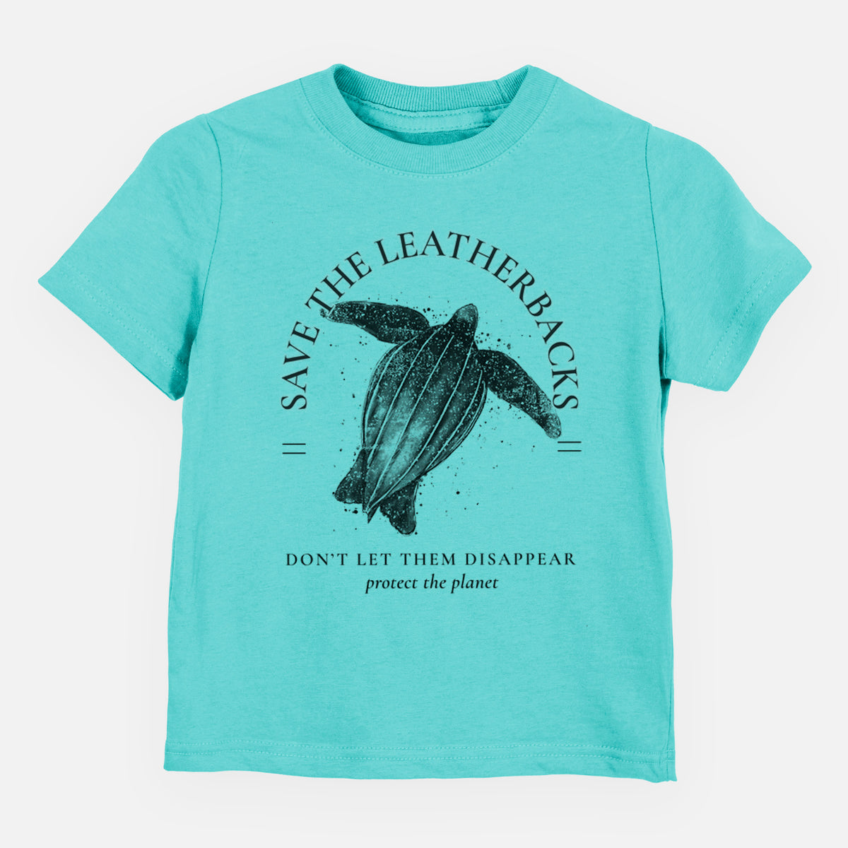 Caribbean blue toddler t-shirt laid flat, printed with a black ink leatherback sea turtle framed by the words Save the Leatherbacks, Don't Let Them Disappear.