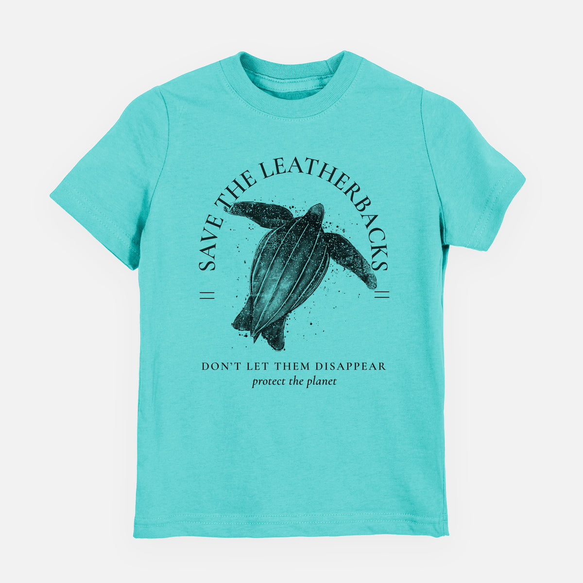 Caribbean blue youth t-shirt laid flat, printed with a black ink leatherback sea turtle framed by the words Save the Leatherbacks, Don't Let Them Disappear.